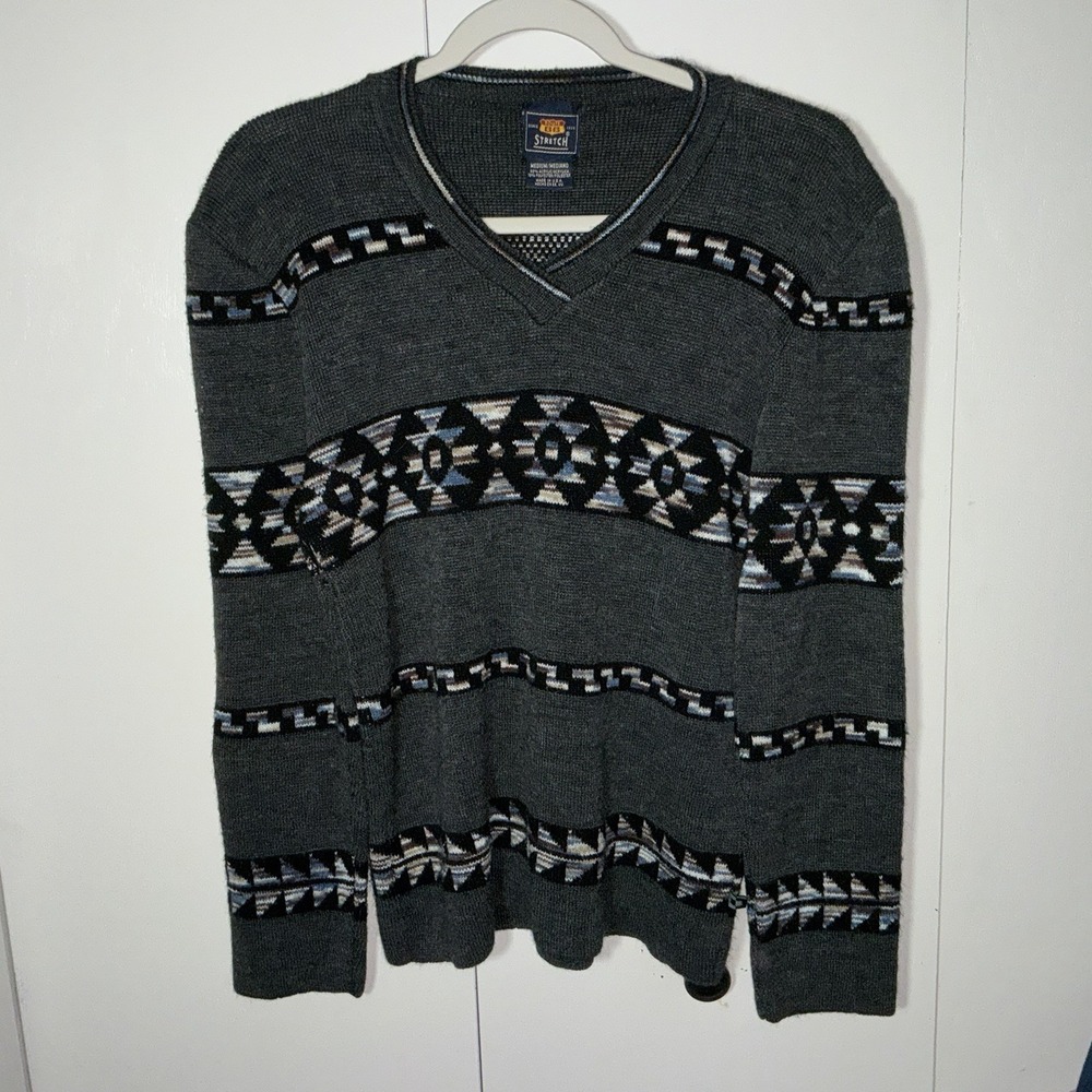 Route 66 V Neck Stretch Sweater Aztec Design Gray Mens Size M 17‎ X 24
